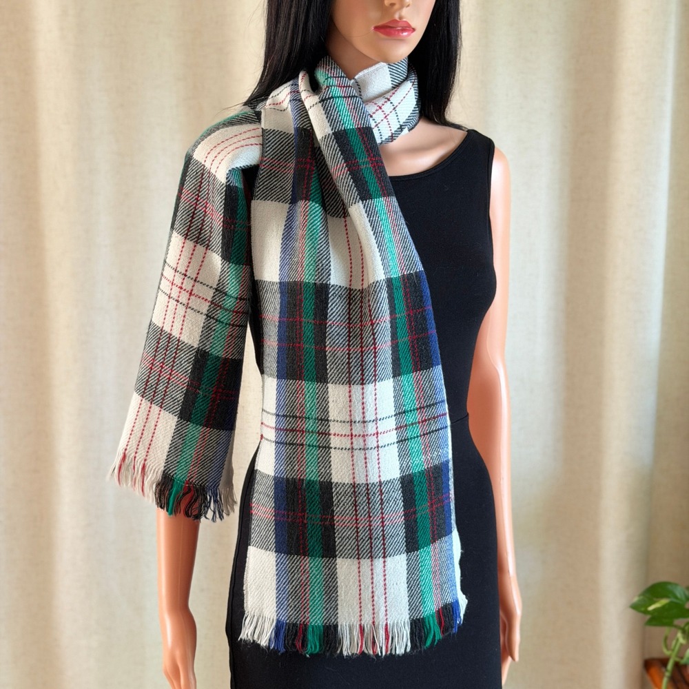 Vtg 90s Plaid Scarf White Green Navy Red Tartan Fringed Winter Wrap Heritage